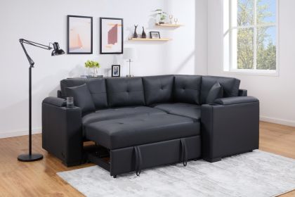 Donovan 84.5"W Black PVC Fabric Sleeper Sectional with USB Charger, Cupholders, Storage Arms - as Pic