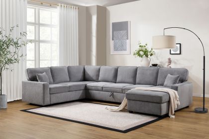 Samara 137"W Gray Chenille Sectional Sofa with Right-Facing Chaise, Underseat Storage, Throw Pillows - as Pic