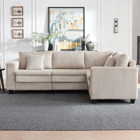Modular Sectional Sofa, L-Shaped Corduroy Couch Set, 3-Seater Modular Sofa with Deep Seat and Cloud-Like Comfort, Beige