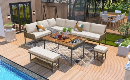 K&K 6-Piece Rope Patio Furniture L-Shaped Set, Outdoor Sectional Sofa Set with Acacia Wood Table with Ice Box, Beige