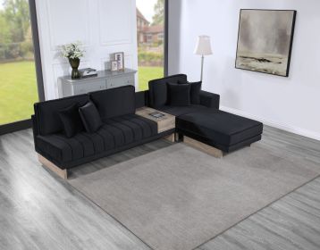 Memphis 122.5"W Black Velvet Reversible Sectional Sofa Ottoman with Storage Compartment, Drawer, USB ports, Charging Outlets - as Pic
