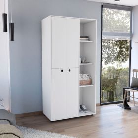Minto Armoire with Two-door Storage with Metal Rods, Drawer, Three Open Shelves - White - Manufactured Wood