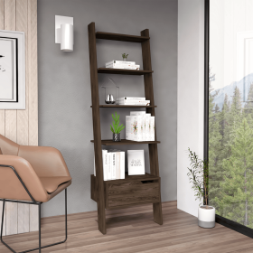 Kobe Ladder Bookcase, One Drawer, Five Open Shelves - Dark Walnut