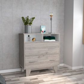 Stamford Two Drawer Dresser, Four Legs, Two Open Shelves, Superior Top - Light Gray / White