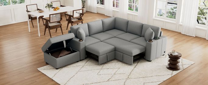 84.7" Sectional Sofa Convertible Pull-out Sofa Bed L-shaped Sofa U-shaped Sofa with a Movable Storage Ottoman for Living Room, Gray - as Pic