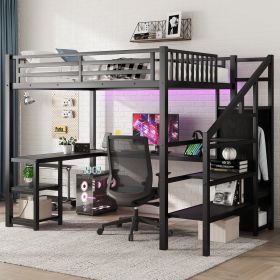 Metal Full Loft Bed with Wardrobe and LED Light, Full Size Loft Bed with L Shaped Desk and USB