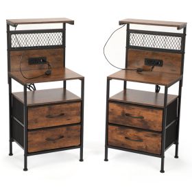Set of 2 Nightstand with Fabric Drawers, Bedside Table with Charging Station and LED Lights, End Table with USB Ports & Outlets