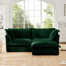 Slipcovered Sectional 2 Seater Sofa Couch with Convertible Ottoman, Wide and Deep Seat L Shaped Sofa,Green Corduroy Fabric - as Pic