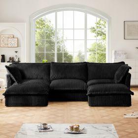 Slipcovered U Shape Sectional Deep Seat Sofa Couch, 3 Seater Sofa with French Edges Design Multiple Big Pillows, Black - as Pic