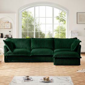 L-Shaped Slipcovered Sectional Sofa Couch, Comfy Deep Seat Cloud Couch with Convertible Ottoman Set Green Corduroy