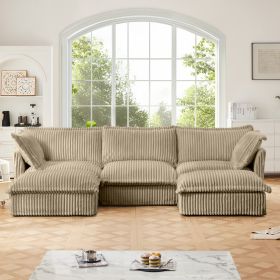 Slipcovered U Shape Sectional Deep Seat Sofa Couch, 3 Seater Sofa with French Edges Design, Camel