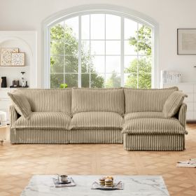 L-Shaped Slipcovered Sectional Sofa Couch, Comfy Deep Seat Cloud Couch with Convertible Ottoman & 2 Big Pillows, Camel Corduroy
