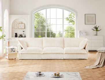 Slipcovered Sofa Couch, Modern 3 Seater Sofa with Suppleness Armrests, Deep Seat Sofa with Soft Multiple Big Pillows & Cream Corduroy Fabric - as Pic