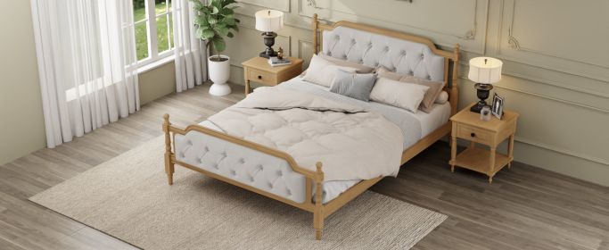 Traditional Style Solid Wood Bed Frame with Upholstered Tufted Headboard,No Box Spring Needed,King Size, Walnut - as Pic