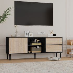 TV Stand up to 70+ inch, Mid Century Modern Entertainment Center with 2 Drawers, Television Stands with Storage Cabinet- Light Oak