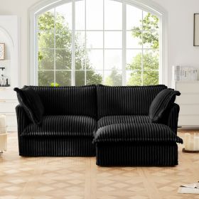 Slipcovered Sectional 2 Seater Sofa Couch with Convertible Ottoman, Wide and Deep Seat L Shaped Sofa with Detachable Cover, Black Corduroy Fabric