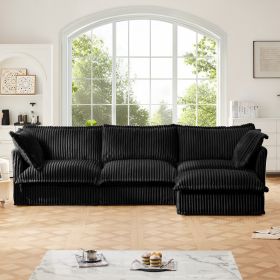 Black Curdoroy L-Shaped Slipcovered Sectional Sofa Couch, Comfy Deep Seat Cloud Couch with Convertible Ottoman & 2 Big Pillows