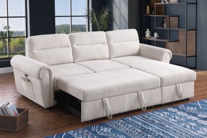 Hugo 97"W Beige Chenille Reversible Sleeper Sectional Sofa Chaise with USB Charger - as Pic
