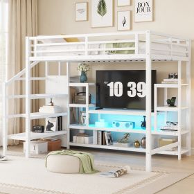 Full Size Metal Loft Bed with TV Cabinet, Metal Loft Bed with Staircase and Wardrobe, Kids Full Size Loft Bed, White