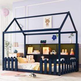 Twin Size House Bed with LED Light, Wood House Bed with Storage Bookshelf, Floor House Bed with Guardrails, Navy Blue