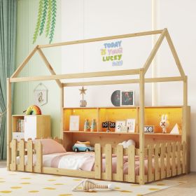 Twin Size House Bed with LED Light, Wood House Bed with Storage Bookshelf, Floor House Bed with Guardrails