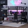 Queen Size Loft Bed with L-shaped Desk and USB, Metal Loft Bed with Wardrobe and Adjustable Shelf, High Loft Bed with LED, Black