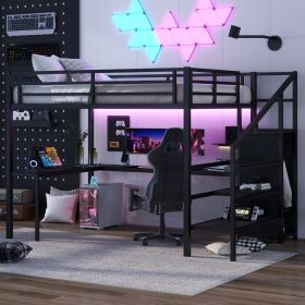 Queen Size Loft Bed with L-shaped Desk and USB, Metal Loft Bed with Wardrobe and Adjustable Shelf, High Loft Bed with LED, Black