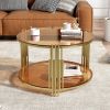 Modern Brown Glass Coffee Table, Asymmetrical Metal, Circular Metal Drum Base, Gold Finish & Lower Shelf - as Pic