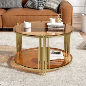 Modern Brown Glass Coffee Table, Asymmetrical Metal, Circular Metal Drum Base, Gold Finish & Lower Shelf - as Pic