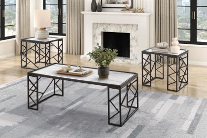 Occasional 3pc Tables Set Tempered Glass Top Coffee Table and End Tables Black Metal Frame Living Room Furniture - as Pic