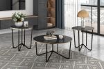Round Coffee Table and End Tables 3pc Set Black Tempered Glass Top Metal Frame Modern Living Room Furniture - as Pic