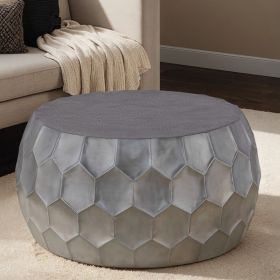 CT101 Modern Contemporary Round Aluminum material 32" Coffee Table, Farmhouse Table with Glossy Diamond-Patterned Base Antique Silver - as Pic