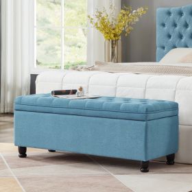 Upholstered tufted button storage bench ,Linen fabric entry bench with spindle wooden legs, Bed bench- Light Blue - as Pic