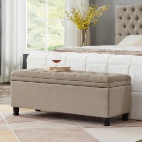 Upholstered tufted button storage bench ,Linen fabric entry bench with spindle wooden legs, Bed bench- Linen - as Pic