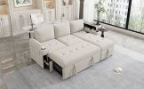 83.5" L-shaped Sofa Couch Convertible Sofa Bed Sectional Sofa with Ample Storage Space, Two Cup Holders and Two USB Ports for Living Room, Beige