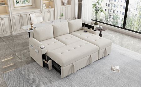 83.5" L-shaped Sofa Couch Convertible Sofa Bed Sectional Sofa with Ample Storage Space, Two Cup Holders and Two USB Ports for Living Room, Beige