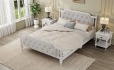 Traditional Style Solid Wood Bed Frame with Upholstered Tufted Headboard,No Box Spring Needed,King Size, Antique White - as Pic