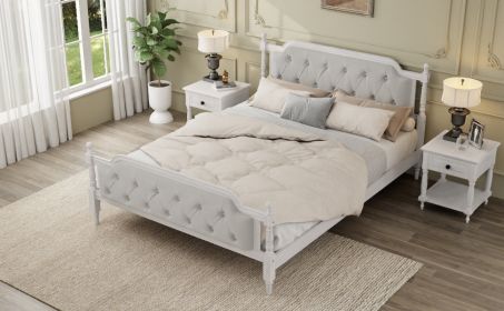 Traditional Style Solid Wood Bed Frame with Upholstered Tufted Headboard,No Box Spring Needed,King Size, Antique White - as Pic