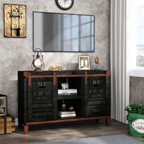 Farmhouse TV Stand for 55 inch TV, 30' Tall Industrial Media Entertainment Center with Sliding Barn Doors - Black - Engineered Wood