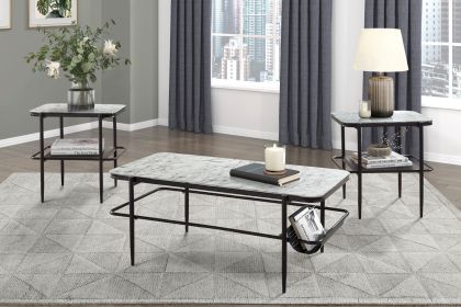 3pc Stylish Occasional Table Set White Marble Print Tempered Glass Top Coffee Table and End Tables Modern Home Furniture - as Pic