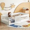 Twin Size Floor Bed with Heightened Safety Guardrails and Door, Solid Wood Bedframe with Rails, No Slats Included, White - as Pic