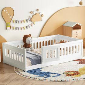 Twin Size Floor Bed with Heightened Safety Guardrails and Door, Solid Wood Bedframe with Rails, No Slats Included, White - as Pic