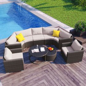 GO 9-Pieces Outdoor Half-moon Patio Sofa Set, Round Sofa Set, Modern Style Sofa, Brown Wicker, Beige Cushion - as Pic