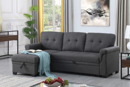 Lucca 84" Dark Gray Linen Reversible Sleeper Sectional Sofa with Storage Chaise - as Pic