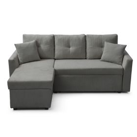 Convertible Pull Out Sleeper Sofa Bed with Reversible Storage Chaise, L Shaped Sectional Couch Bed with 2 Pillows, Grey - as Pic