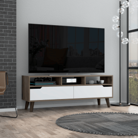 Kobe Tv Stand for TV麓s, Three Open Shelves, Two Flexible Drawers - Dark Walnut / White