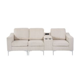 Convertible Sectional Corduroy Sofa with Cupholders, USB,Three-seater,Beige - as Pic