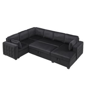 Convertible Pull Out Sleeper Sofa Bed with Storage Chaise, Oversized U Shaped Sectional Couch Bed with 2 Pillows, Velvet, Black