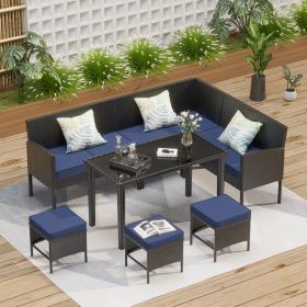 Small space patio furniture 7-piece outdoor furniture set, backyard furniture set, waterproof seat cushion, glass table, space saving, Dark blue