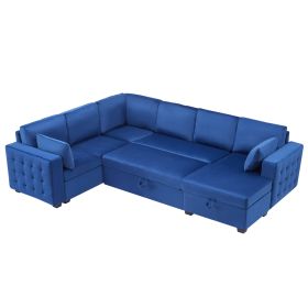 Convertible Pull Out Sleeper Sofa Bed with Storage Chaise, Oversized U Shaped Sectional Couch Bed with 2 Pillows,Velvet Blue